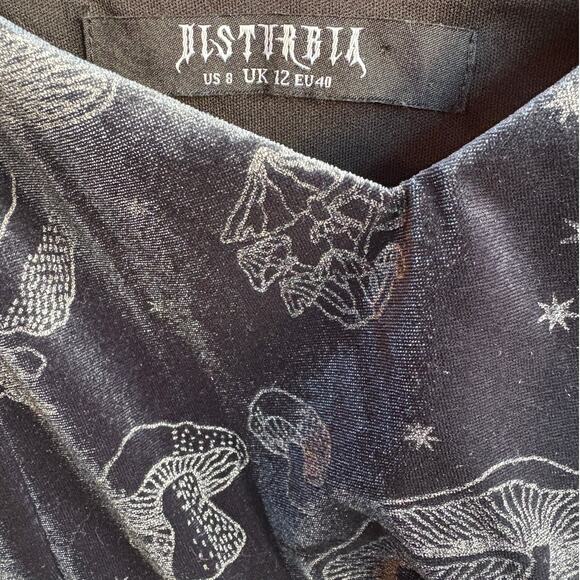 Disturbia Velour Puff Sleeve Dark Fairy Goth Mini Dress w Mushrooms Cut-Out sz 8 - Picture 4 of 12
